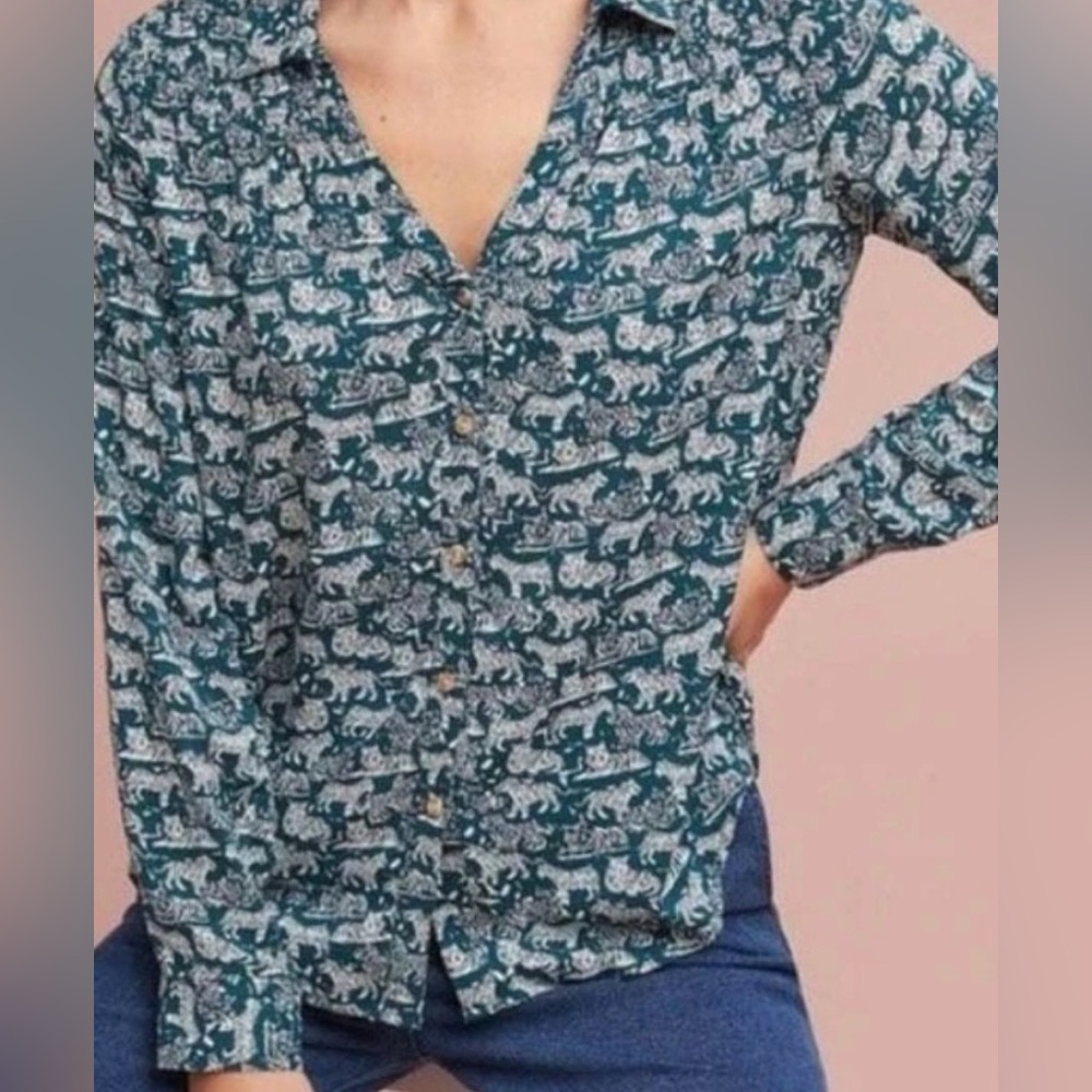 Maeve Anthropologie Emory Teal Tiger Print Button Front Blouse Top Size 2 - Picture 4 of 4